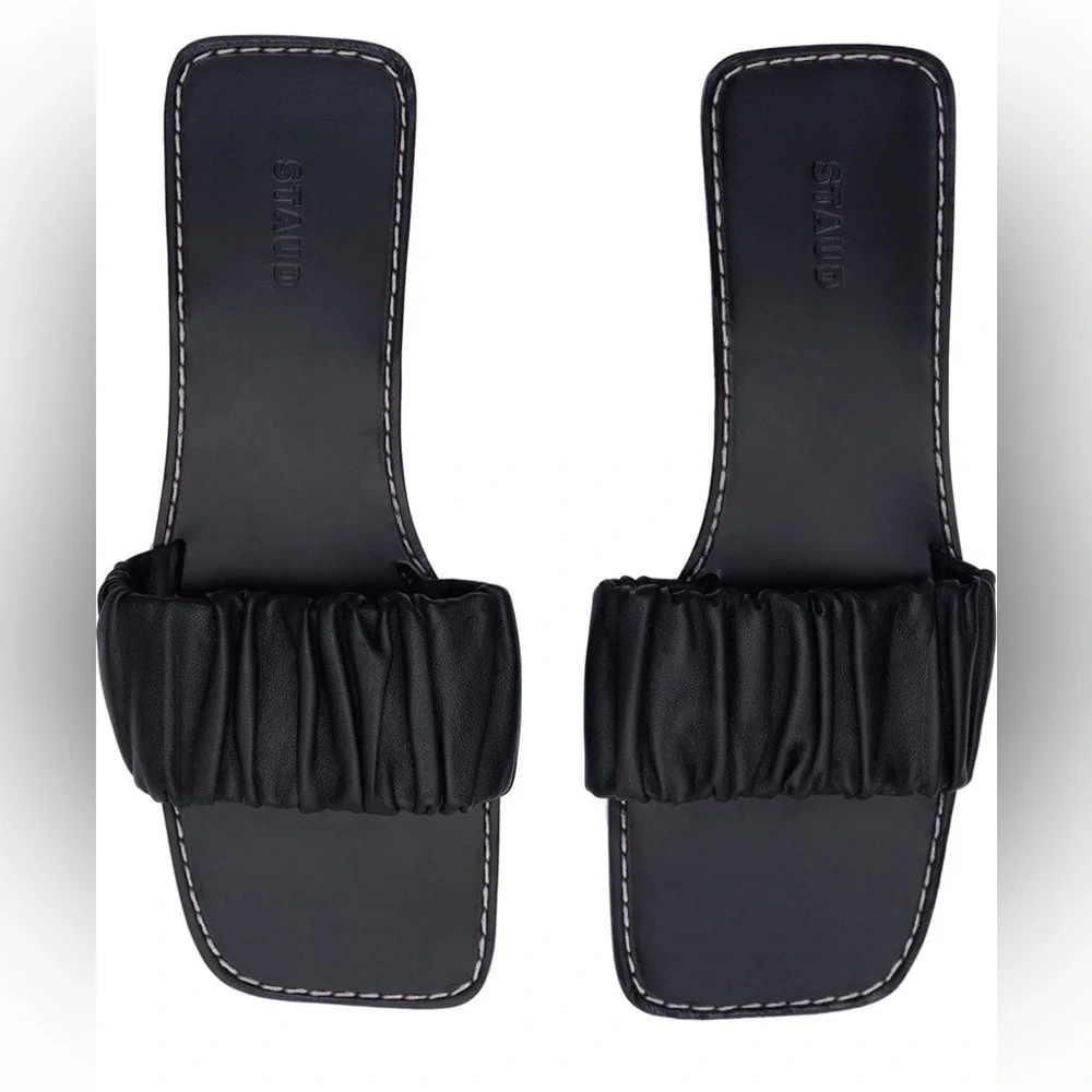 STAUD Black Nina Ruched Slide Slip On Leather Sandal Made in Portugal, Size 9